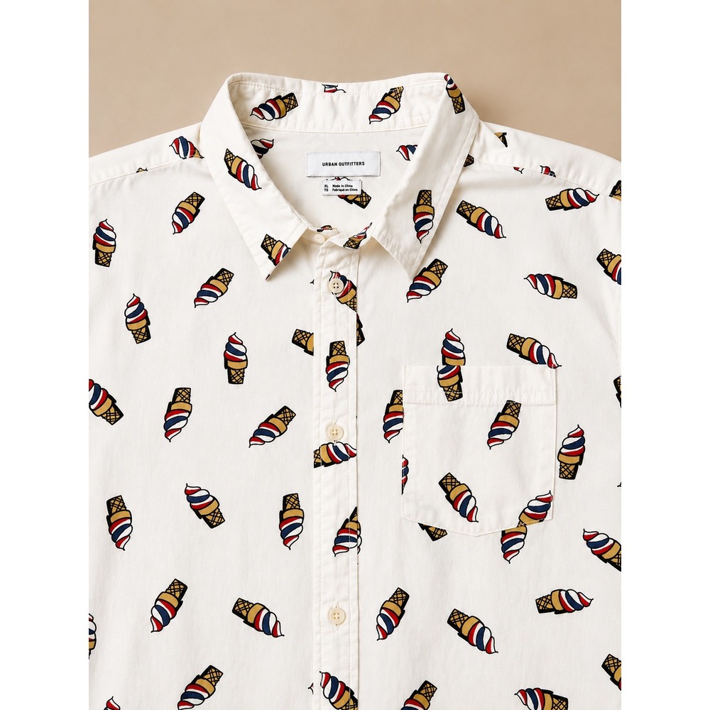 Urban Outfitters Mens XL Ice Cream Cone Print Button Down Shirt Short Sleeve AOP